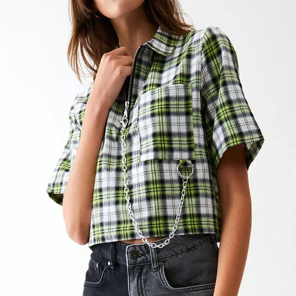 Urban Outfitters The Ragged Priest Cooler Green Black Plaid Chain Shirt S